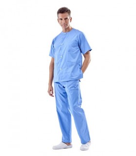 Pijama sanitario celeste cuello redondo con botones